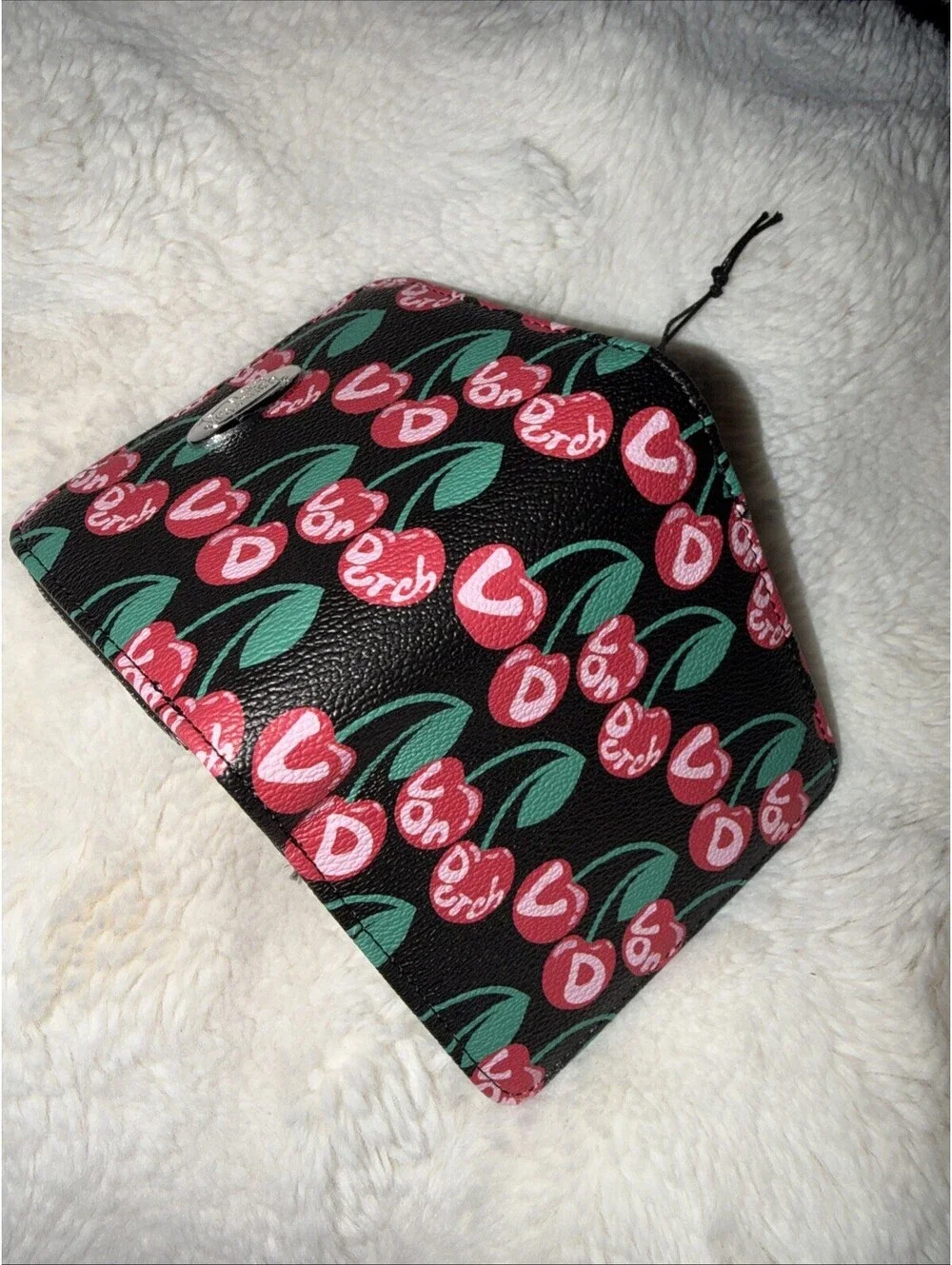 Von Dutch Black Cherry Zip Up Bifold Faux Leather Wallet Cherry & Logo Print NWT
